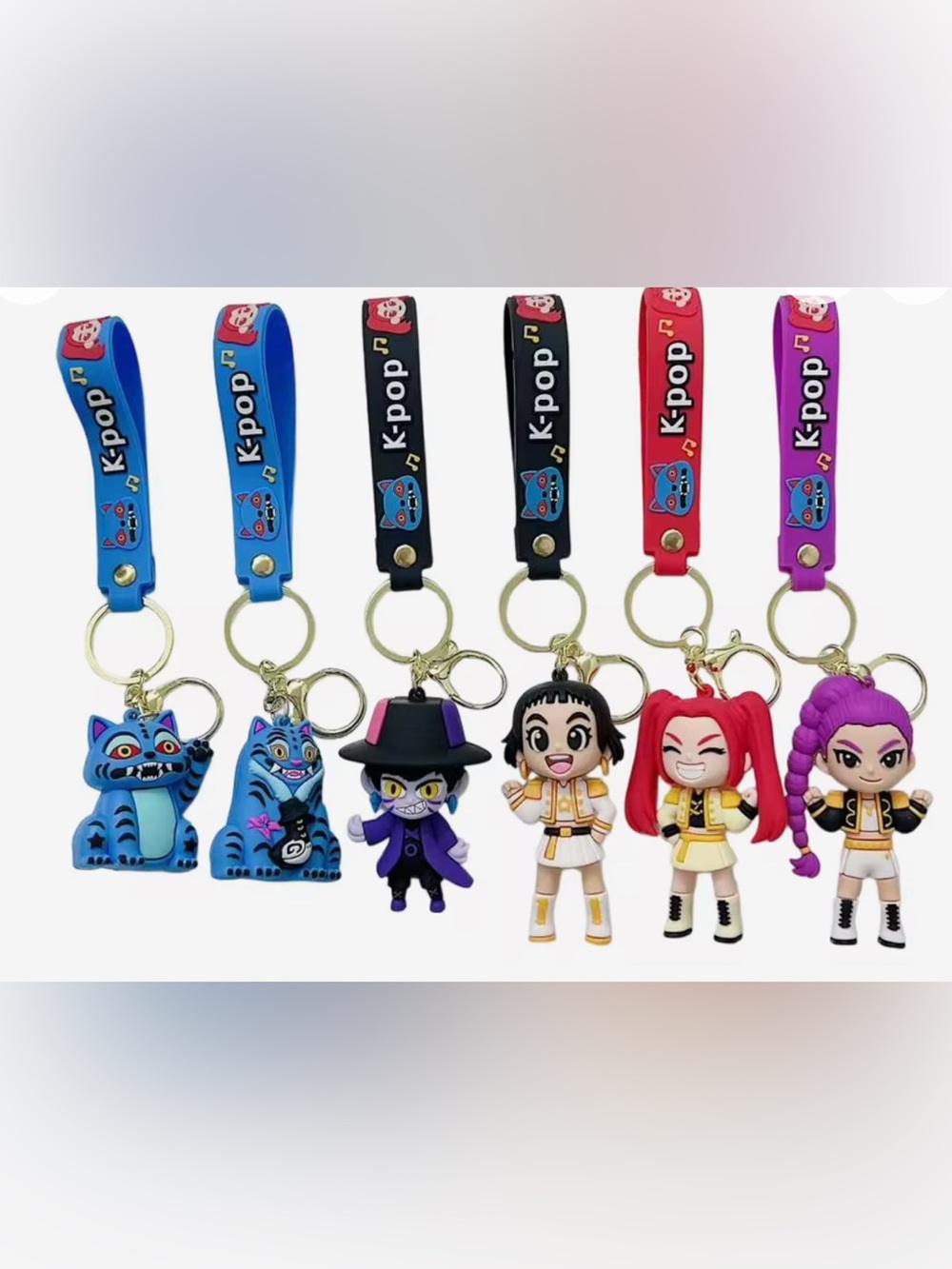K-pop Demon Hunters Character Keychain Set – Blue, Black & Red Strap Figures